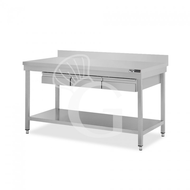 Mesa de acero inoxidable con estante peto 3 cajones L 1400 mm x P 700 mm x A 965 mm