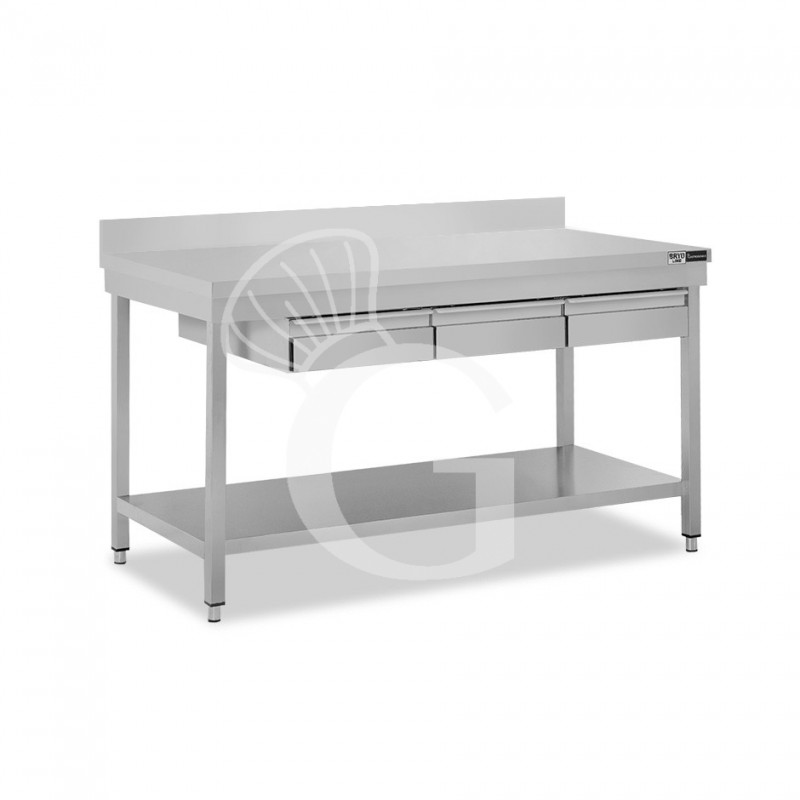 Mesa de acero inoxidable con estante peto 3 cajones L 1400 mm x P 700 mm x A 965 mm