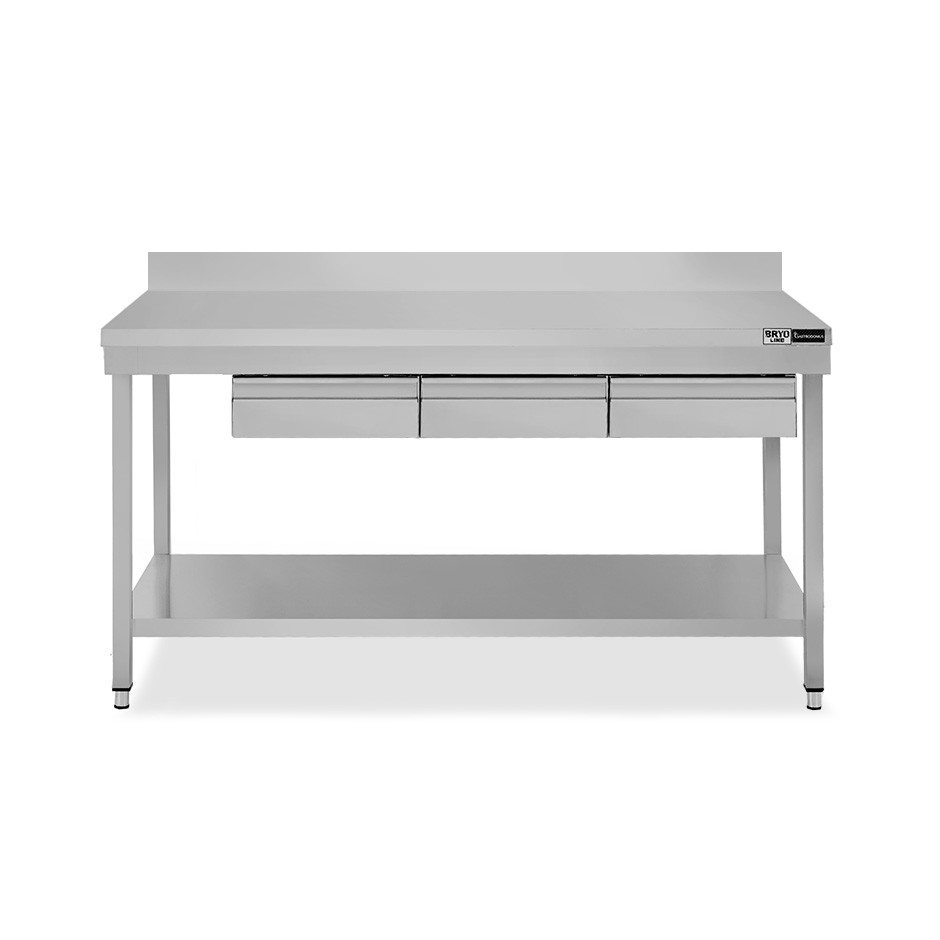 Mesa de acero inoxidable con estante peto 3 cajones L 1700 mm x P 600 mm x A 965 mm