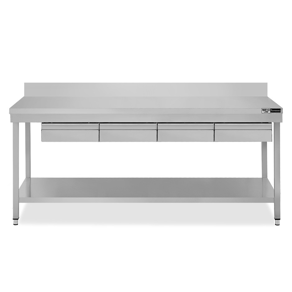 Mesa de acero inoxidable con estante peto 4 cajones L 1800 mm x P 600 mm x A 965 mm