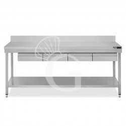 Mesa de acero inoxidable con estante peto 4 cajones L 2000 mm x P 600 mm x A 965 mm