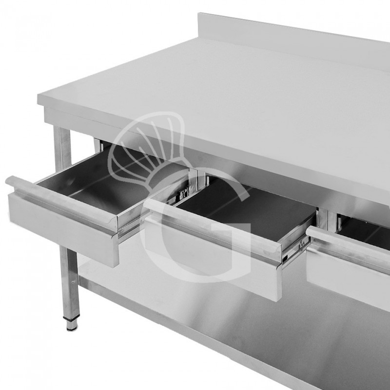 Mesa de acero inoxidable con estante peto 4 cajones L 1900 mm x P 700 mm x A 965 mm