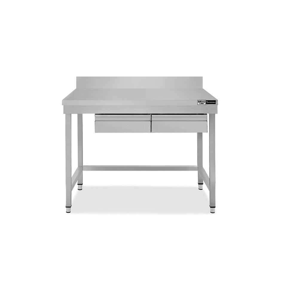 Mesa de acero inoxidable con 2 cajones y peto L 1100 mm x P 700 mm x A 965 mm