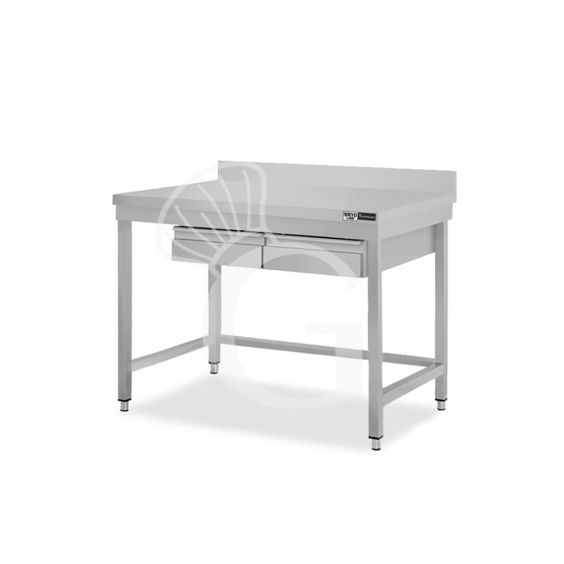 Mesa de acero inoxidable con 2 cajones y peto L 1100 mm x P 700 mm x A 965 mm