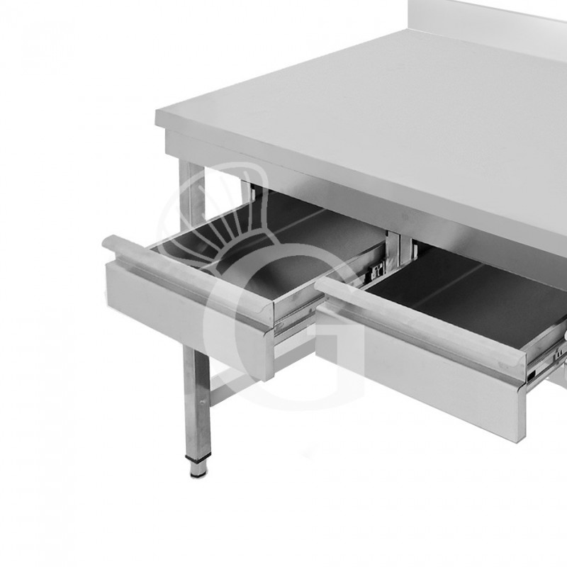 Mesa de acero inoxidable con 2 cajones y peto L 1200 mm x P 700 mm x A 965 mm