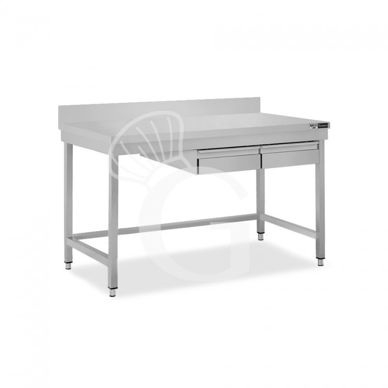 Mesa de acero inoxidable con 2 cajones y peto L 1200 mm x P 700 mm x A 965 mm