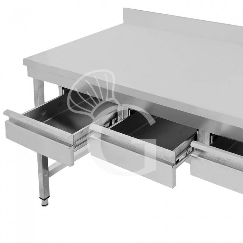 Mesa de acero inoxidable con 3 cajones y peto L 1500 mm x P 700 mm x A 965 mm