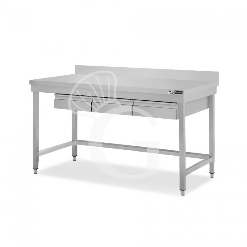 Mesa de acero inoxidable con 3 cajones y peto L 1500 mm x P 700 mm x A 965 mm