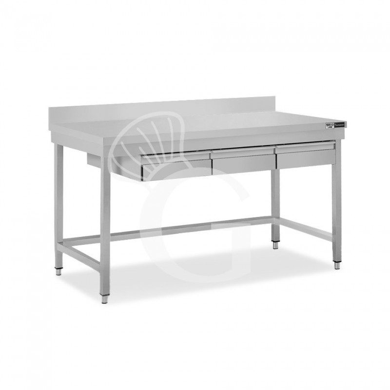 Mesa de acero inoxidable con 3 cajones y peto L 1500 mm x P 700 mm x A 965 mm
