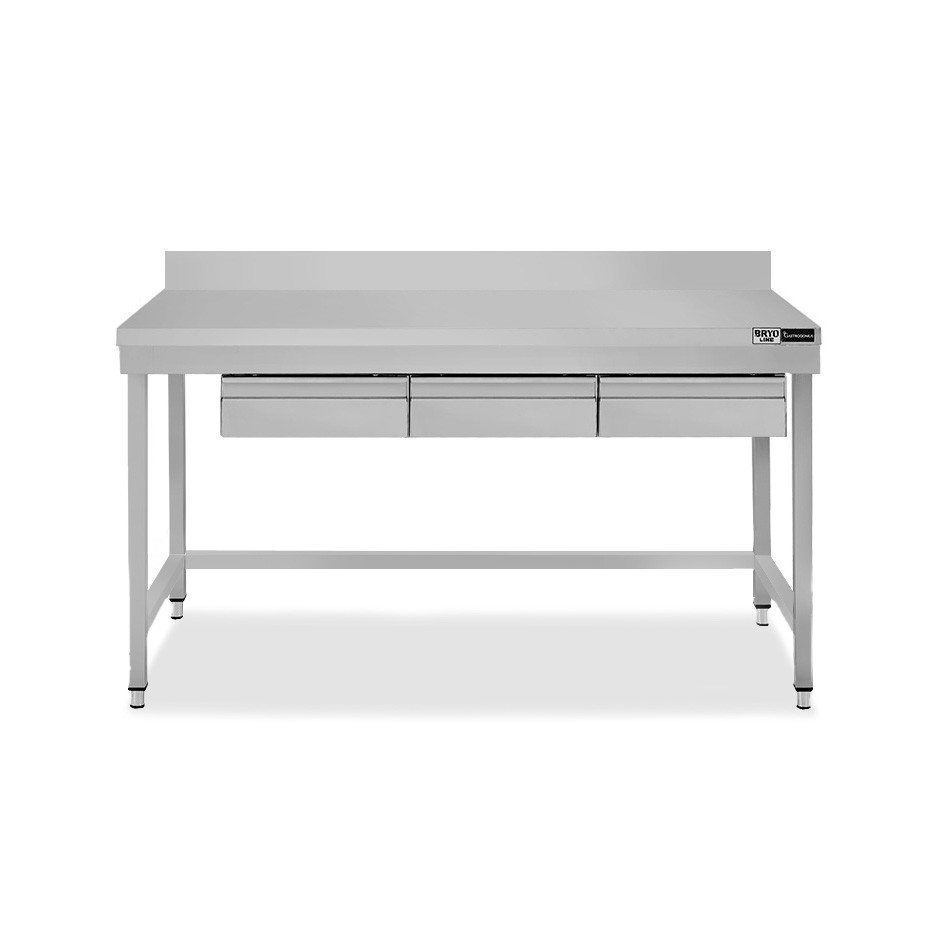 Mesa de acero inoxidable con 3 cajones y peto L 1500 mm x P 700 mm x A 965 mm