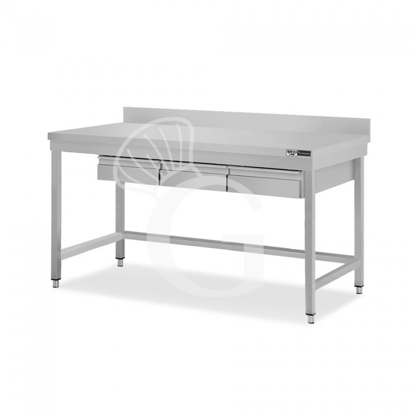 Mesa de acero inoxidable con 3 cajones y peto L 1700 mm x P 600 mm x A 965 mm