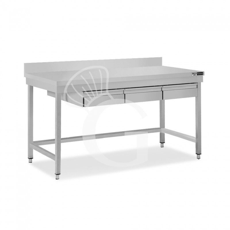 Mesa de acero inoxidable con 3 cajones y alzatina, L 1700 mm × P 700 mm × H 965 mm