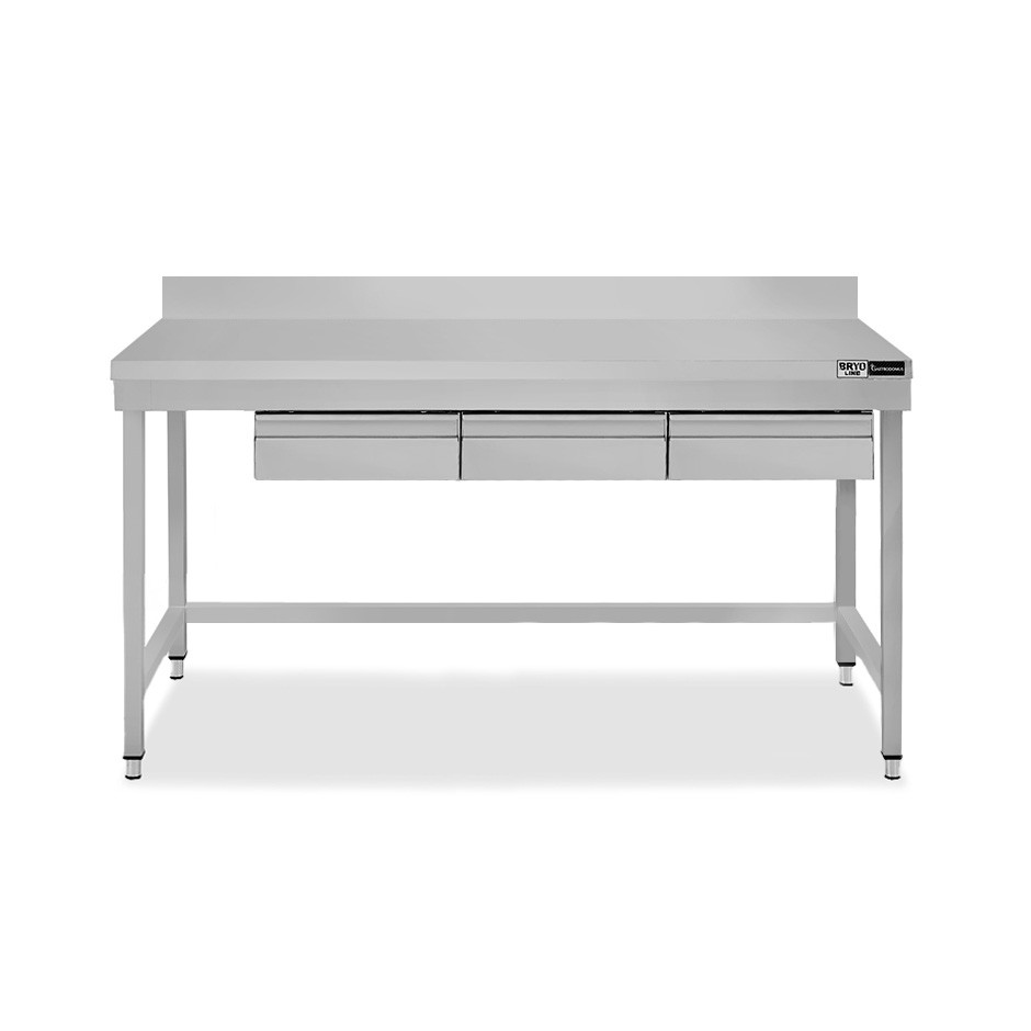 Mesa de acero inoxidable con 3 cajones y alzatina, L 1700 mm × P 700 mm × H 965 mm
