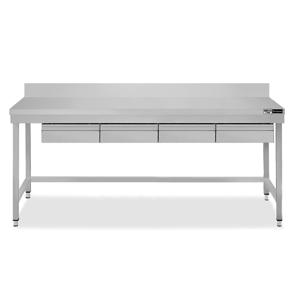Mesa de acero inoxidable con 4 cajones y peto L 1800 mm x P 600 mm x A 965 mm