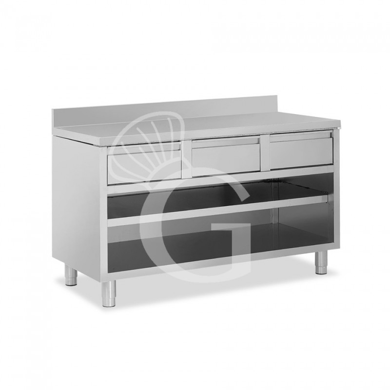 Mesa contrabarra de acero inoxidable con 3 cajones y peto L 1400 mm x P 700 mm x A 950 mm