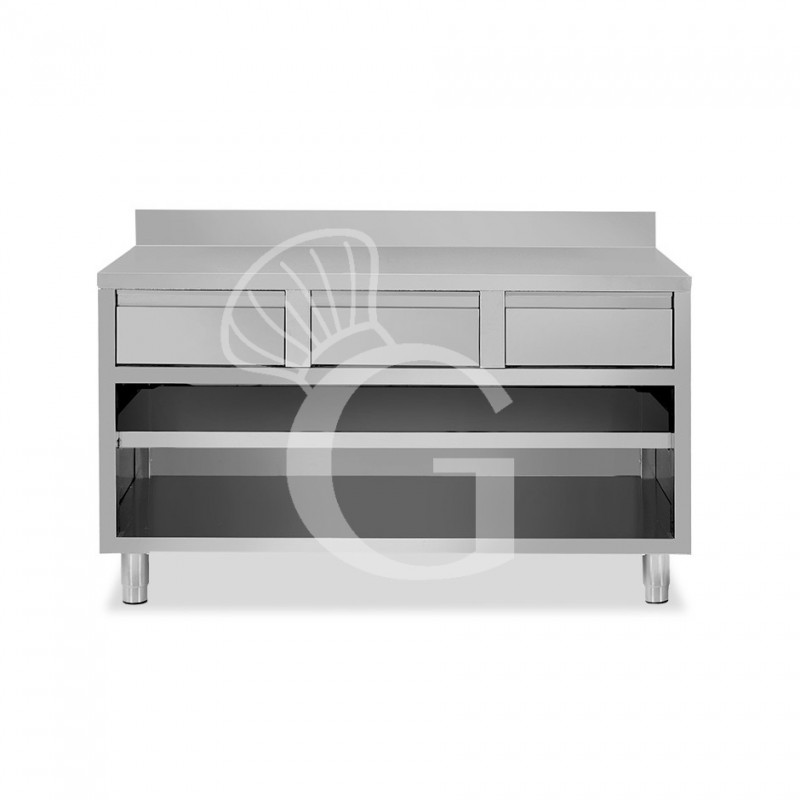 Mesa contrabarra de acero inoxidable con 3 cajones, peto trasero L 1600 mm x P 600 mm x A 950 mm