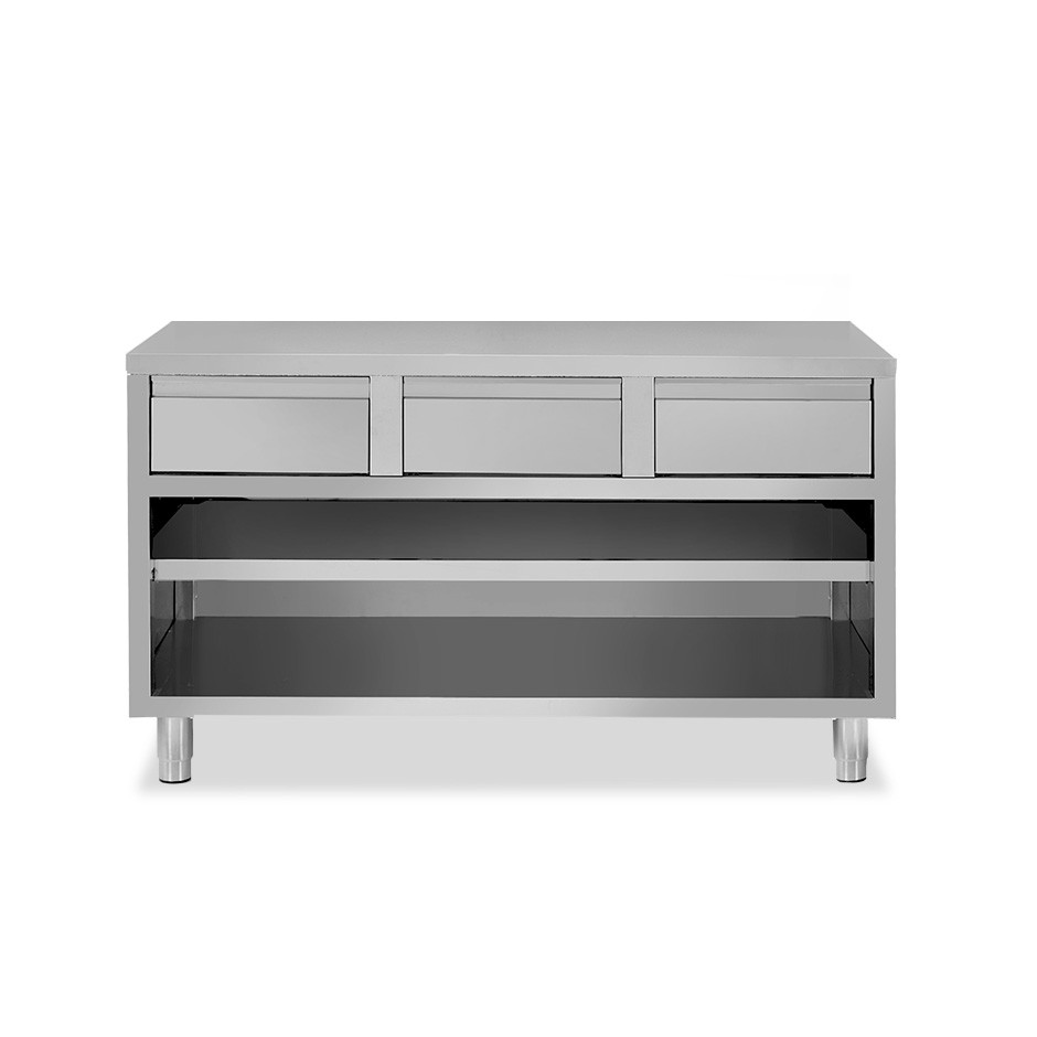 Mesa contrabarra de acero inoxidable con 3 cajones L 1400 mm x P 600 mm x A 850 mm