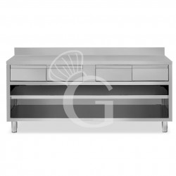 Mesa contrabarra de acero inoxidable con 4 cajones, peto trasero L 1800 mm x P 600 mm x A 950 mm
