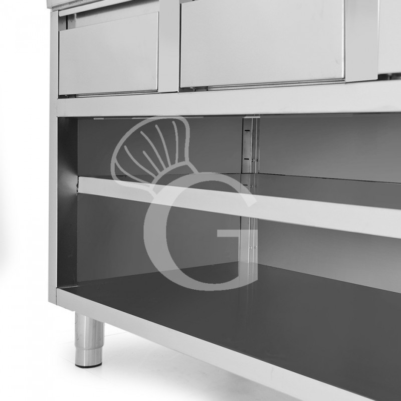 Mesa contrabarra de acero inoxidable con 4 cajones y peto L 1800 mm x P 600 mm x A 950 mm