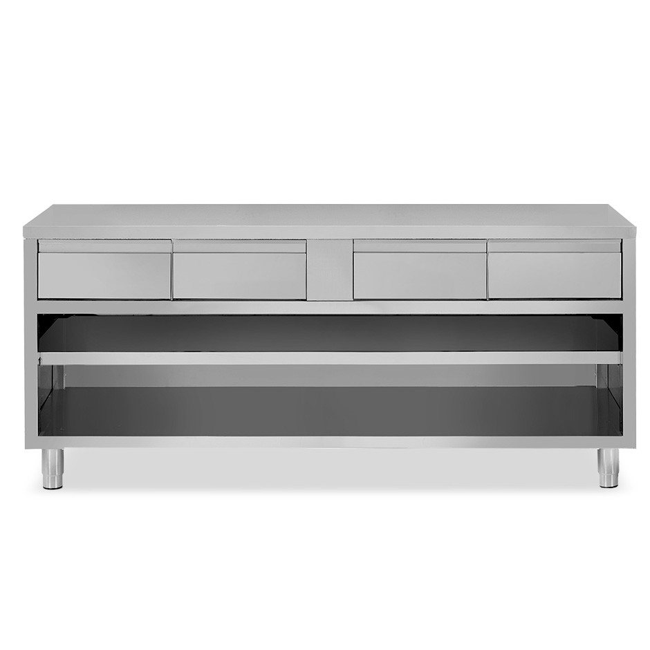 Mesa contrabarra de acero inoxidable con 4 cajones L 2000 mm x P 600 mm x A 850 mm