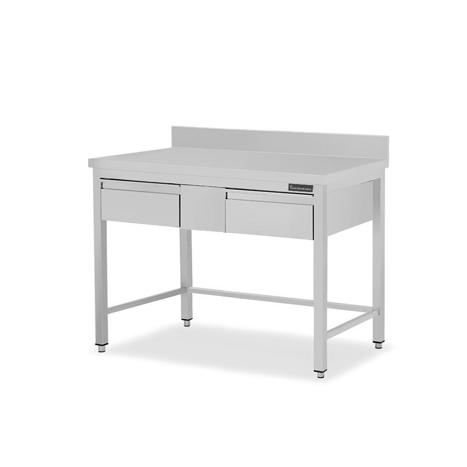 Mesa de acero inoxidable con 2 cajones y peto L 1200 mm x P 600 mm x A 950 mm
