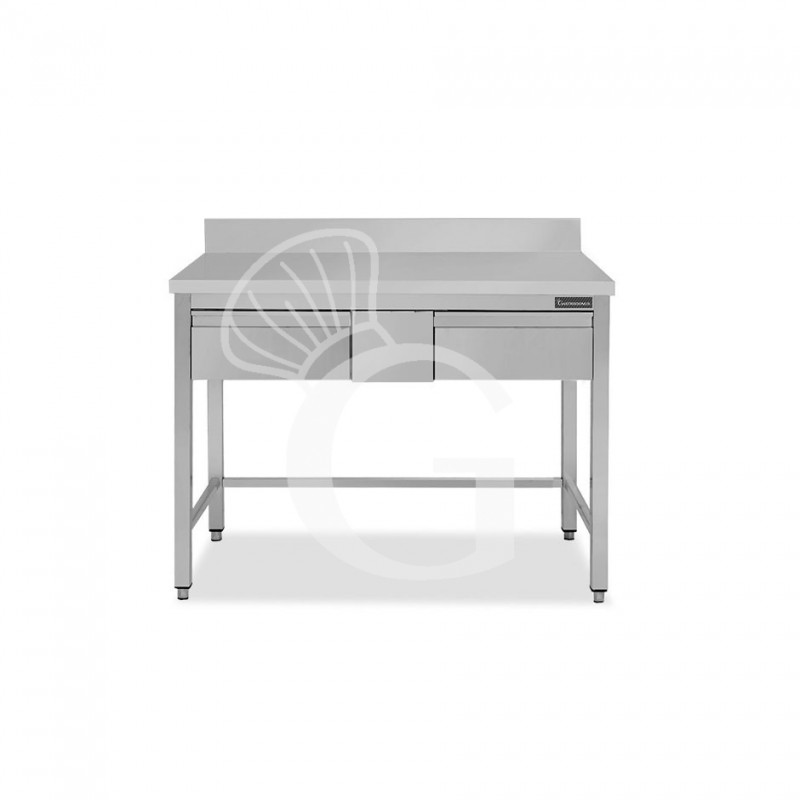Mesa de acero inoxidable con 2 cajones y peto L 1200 mm x P 600 mm x A 950 mm