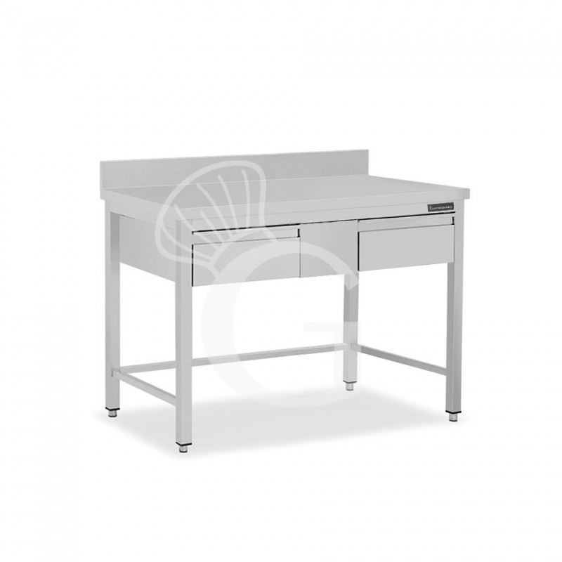 Mesa de acero inoxidable con 2 cajones y peto L 1200 mm x P 600 mm x A 950 mm