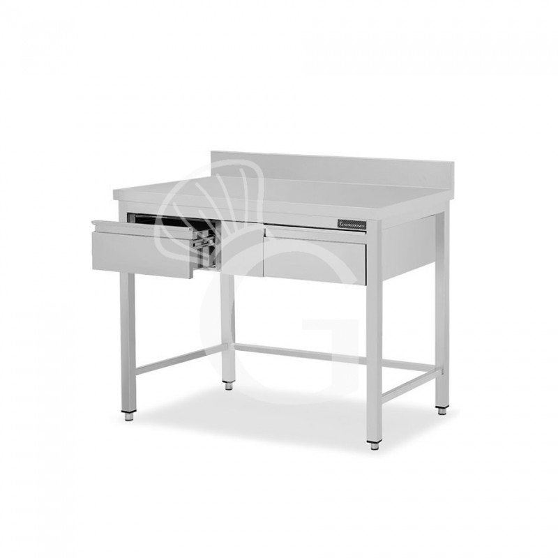 Mesa de acero inoxidable con 2 cajones y peto L 1200 mm x P 600 mm x A 950 mm