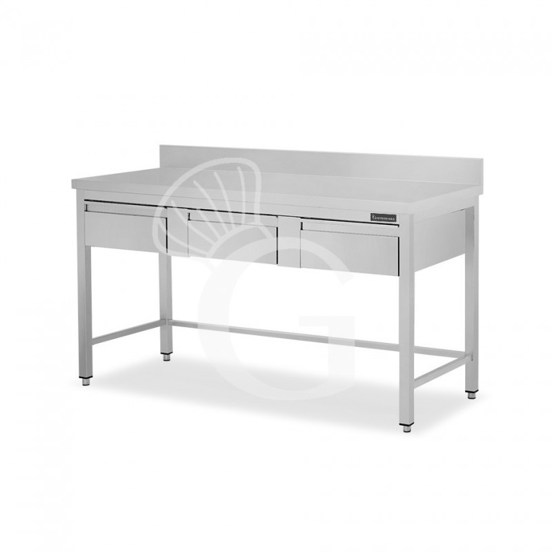 Mesa de acero inoxidable con 3 cajones y peto L 1500 mm x P 600 mm x A 950 mm
