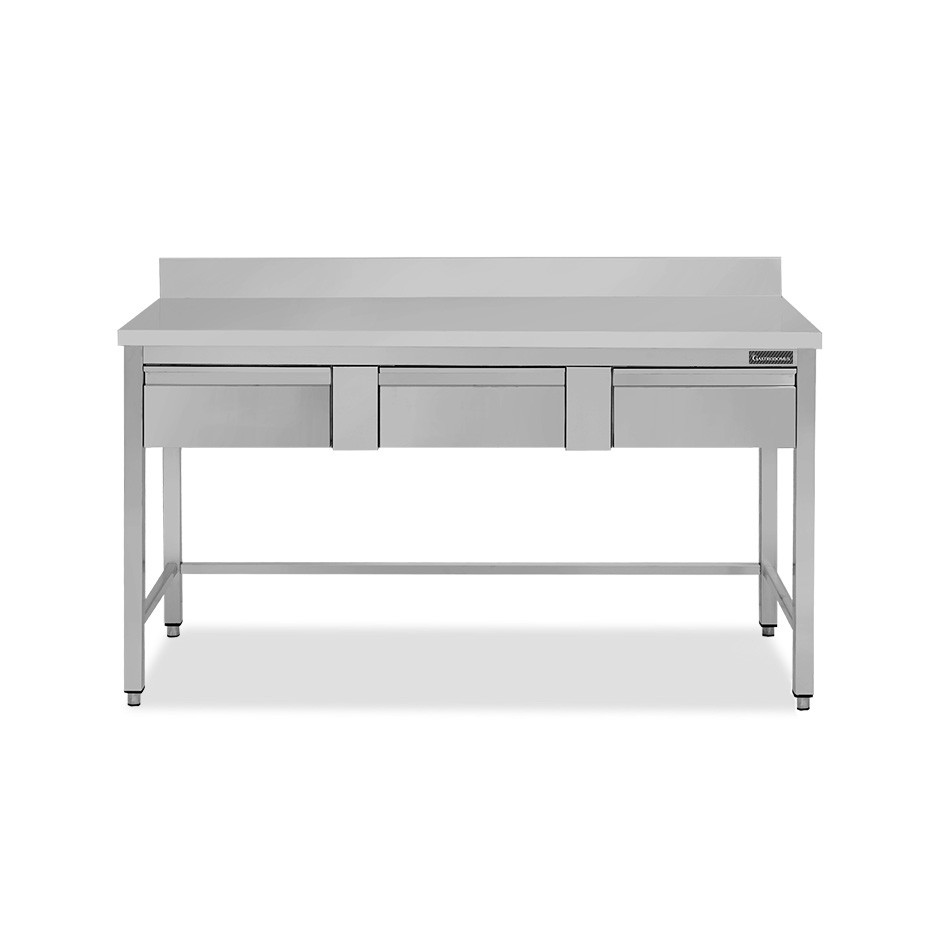 Mesa de acero inoxidable con 3 cajones y peto L 1500 mm x P 600 mm x A 950 mm