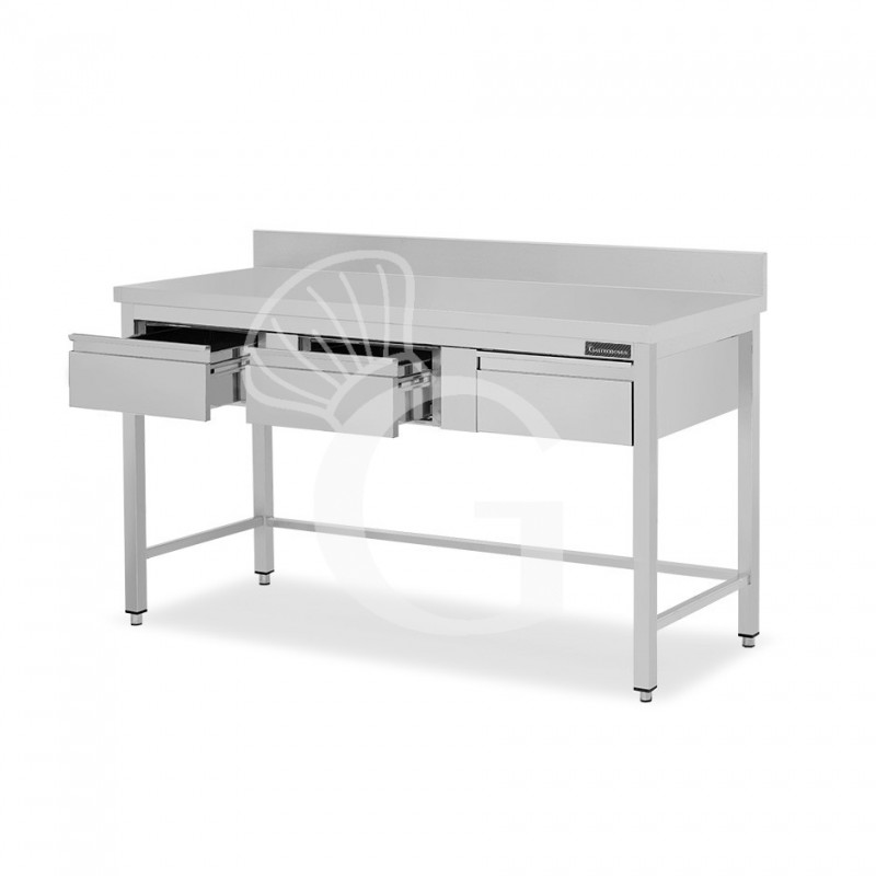 Mesa de acero inoxidable con 3 cajones y peto L 1500 mm x P 600 mm x A 950 mm