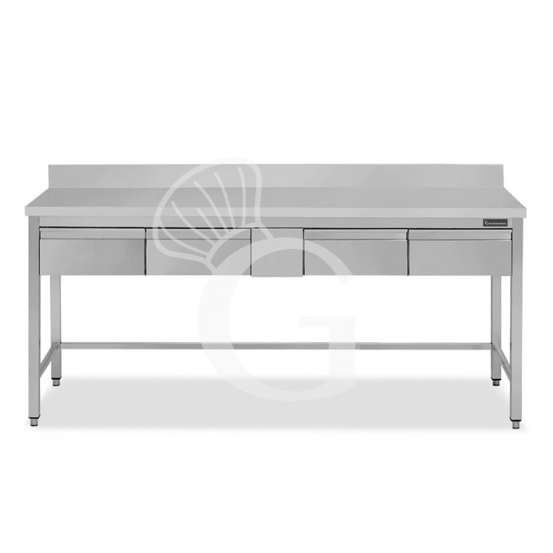 Mesa de trabajo de acero inoxidable con 4 cajones y peto trasero L 1800 mm x P 800 mm x A 950 mm