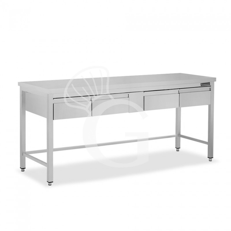 Mesa de trabajo de acero inoxidable con 4 cajones con dimensiones L 1800 mm x P 800 mm x A 850 mm
