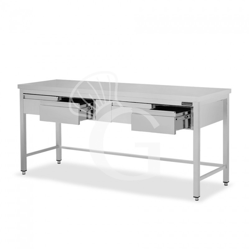 Mesa de trabajo de acero inoxidable con 4 cajones con dimensiones L 1800 mm x P 800 mm x A 850 mm