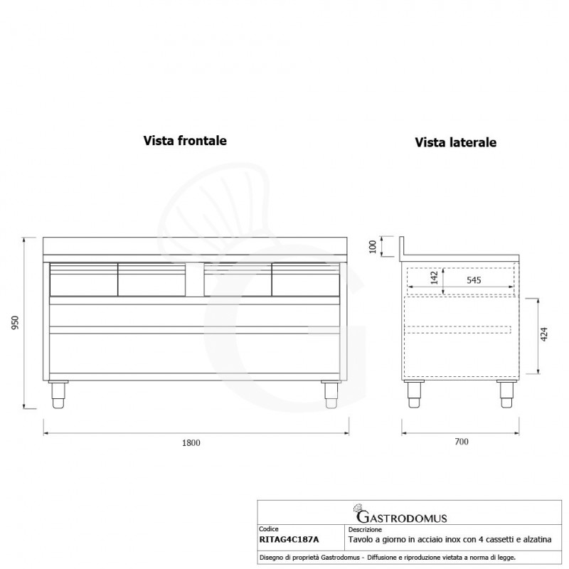 Mesa contrabarra de acero inoxidable con 4 cajones y peto L 1800 mm x P 700 mm x A 950 mm