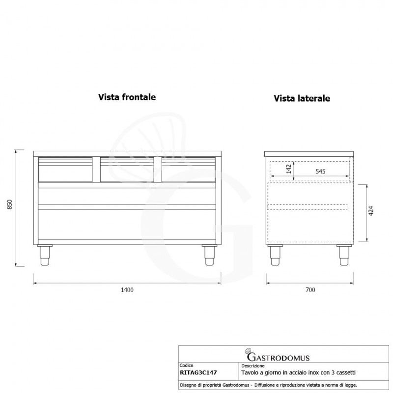 Mesa contrabarra de acero inoxidable con 3 cajones L 1400 mm x P 700 mm x A 850 mm