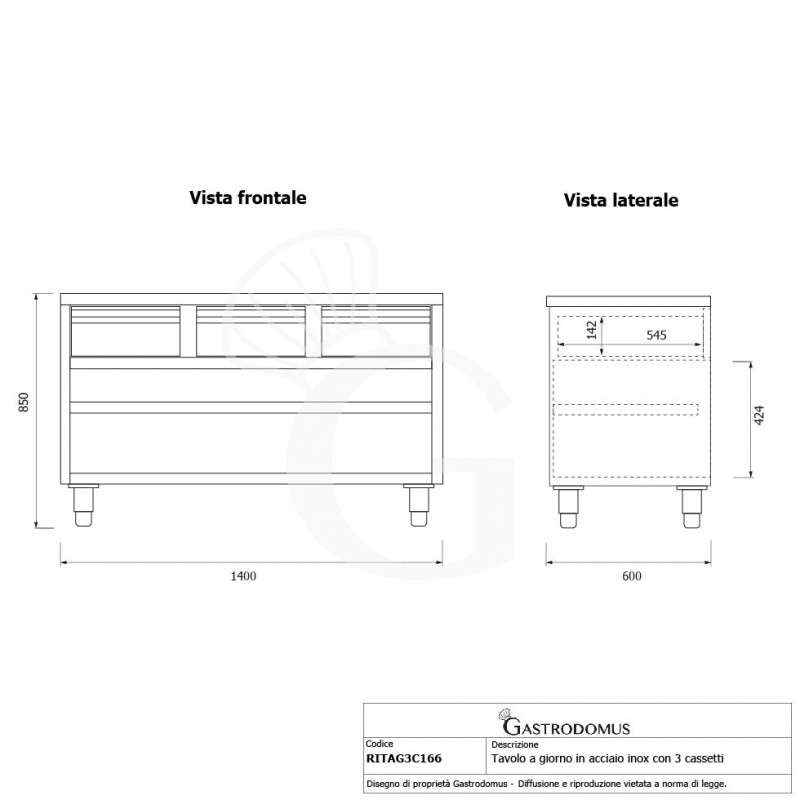 mesa contrabarra de acero inoxidable con 3 cajones l 1600 mm x p 600 mm x a 850 mm