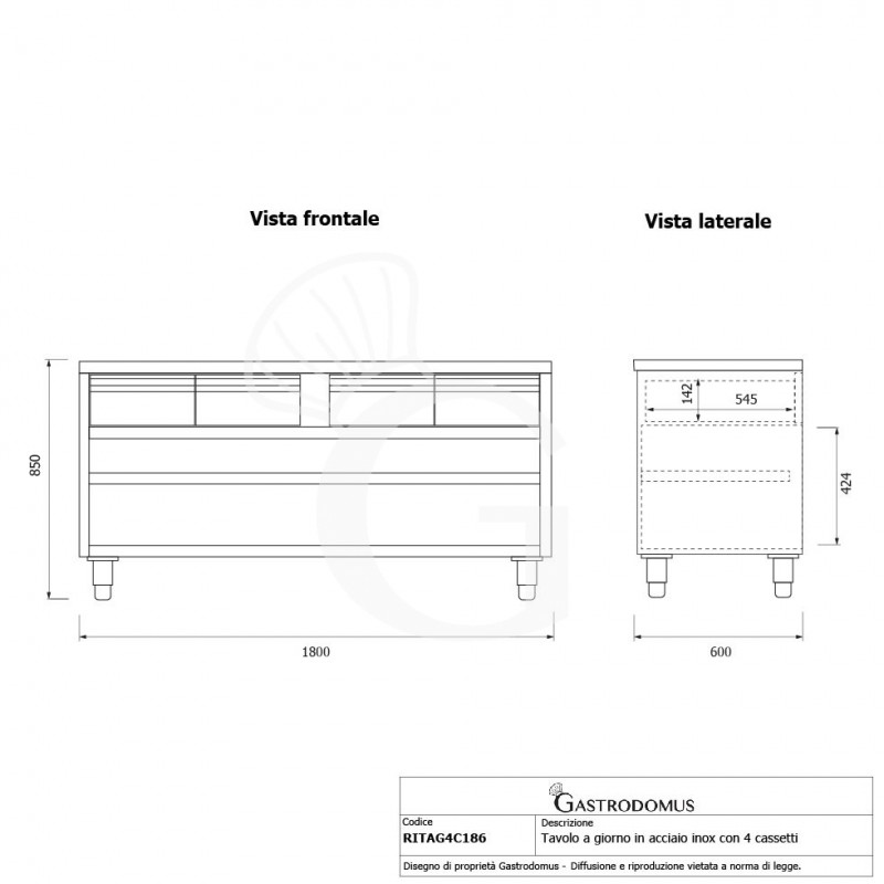 mesa contrabarra de acero inoxidable con 4 cajones l 1800 mm x p 600 mm x a 850 mm