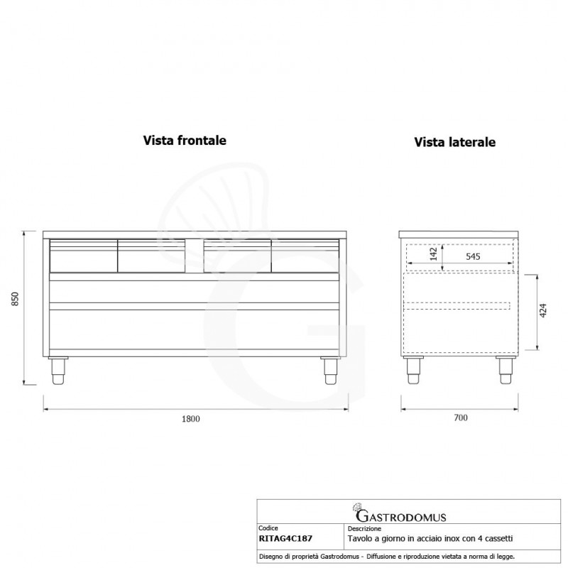 Mesa contrabarra de acero inoxidable con 4 cajones L 1800 mm x P 700 mm x A 850 mm