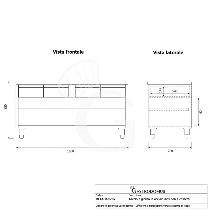 Mesa contrabarra de acero inoxidable con 4 cajones L 2000 mm x P 700 mm x A 850 mm