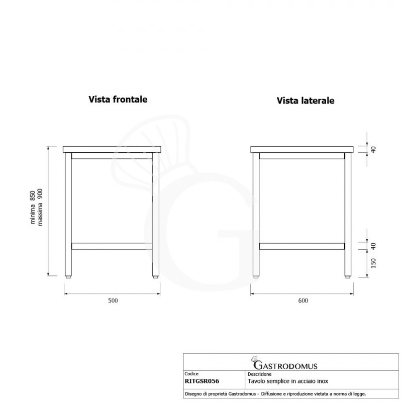 Mesa de acero inoxidable L 500 mm x P 600 mm x A 850 mm