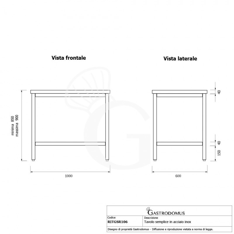 Mesa de acero inoxidable L 1000 mm x P 600 mm x A 850 mm