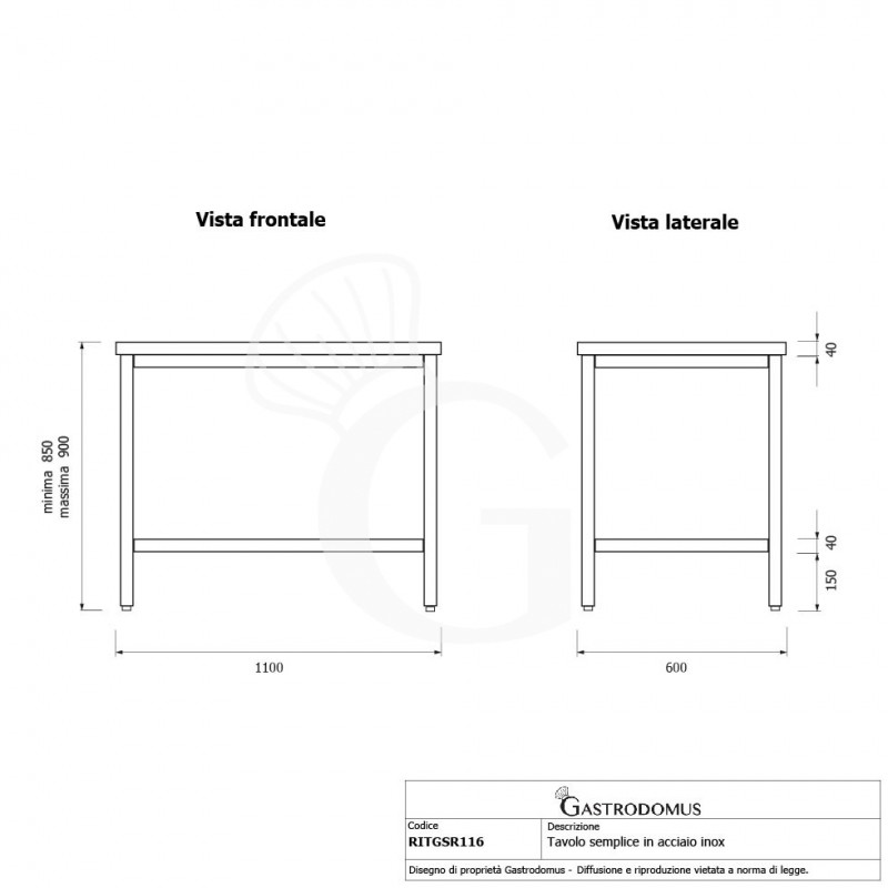 Tavolo inox L 1100 mm x P 600 mm x H 850 mm