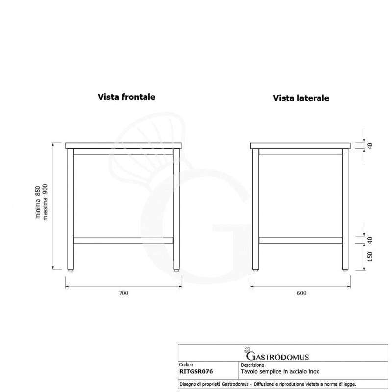 Mesa de acero inoxidable L 700 mm x P 600 mm x A 850 mm