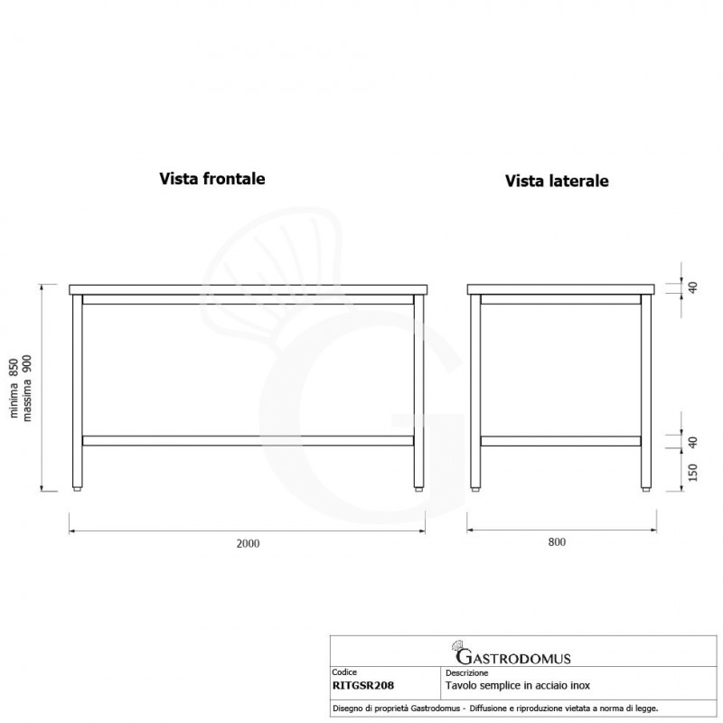 Mesa de acero inoxidable L 2000 mm x P 800 mm x A 850 mm