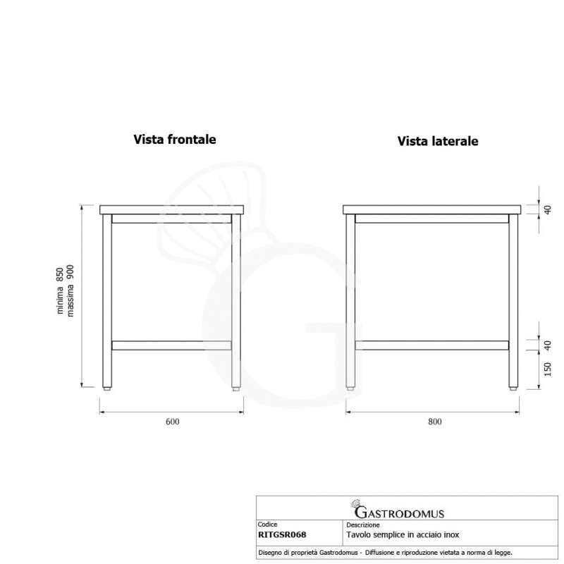 Mesa de acero inoxidable L 600 mm x P 800 mm x A 850 mm