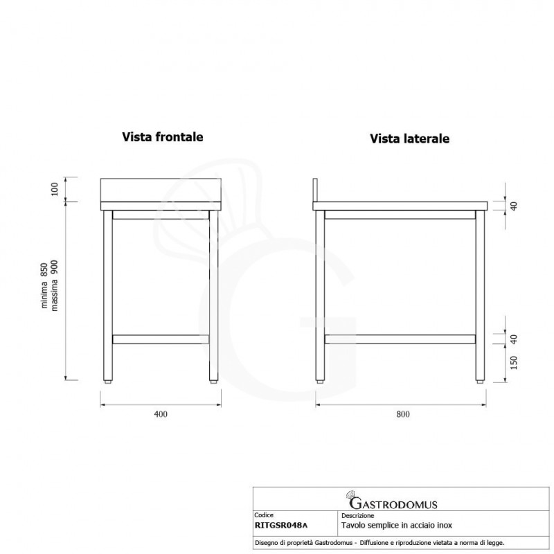 Mesa de acero inoxidable con peto trasero L 400 mm x P 800 mm x A 950 mm