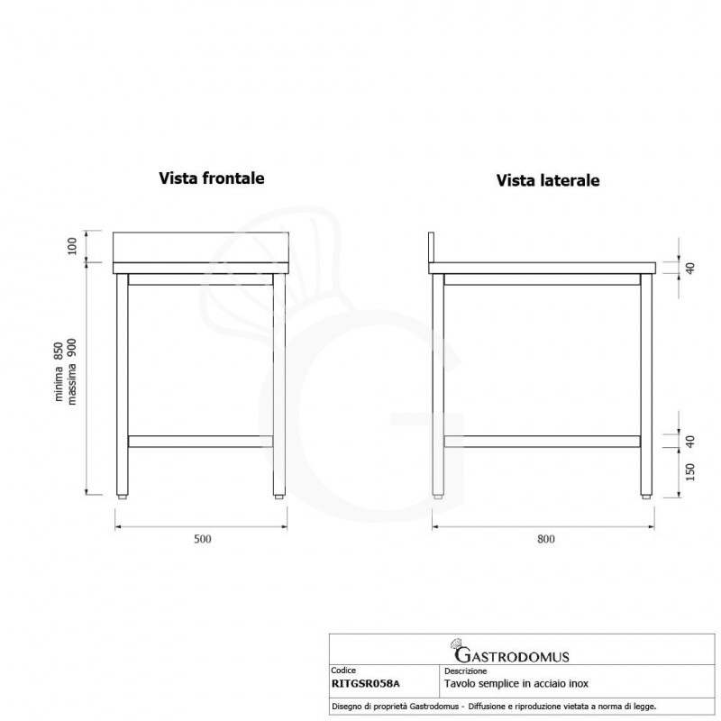 Mesa de acero inoxidable con peto trasero L 500 mm x P 800 mm x A 950 mm