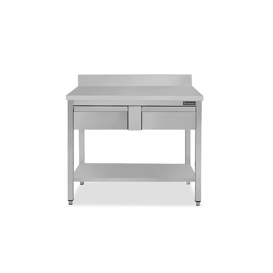 Mesa de acero inoxidable con estante peto 2 cajones L 1000 mm x P 700 mm x A 950 mm