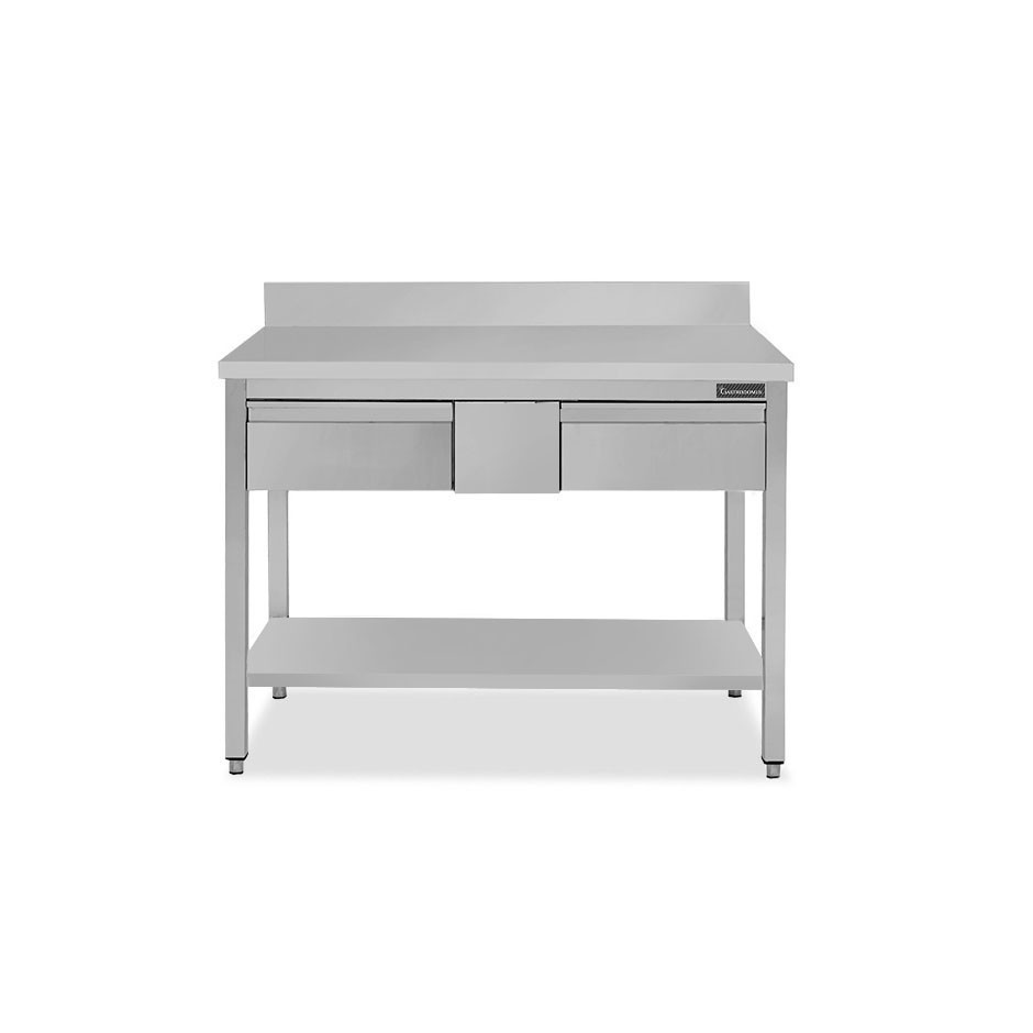 Mesa de acero inoxidable con estante peto 2 cajones L 1200 mm x P 800 mm x A 950 mm